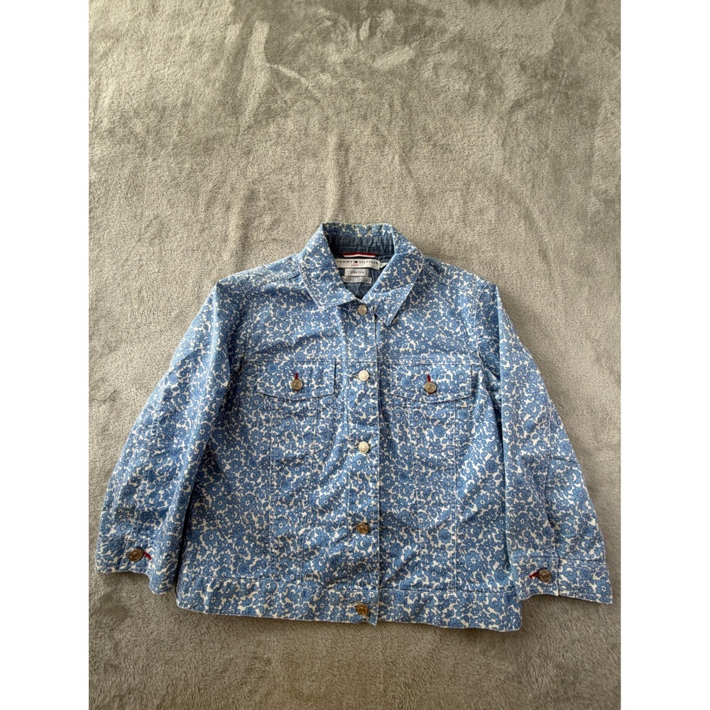 Tommy Hilfiger Jacket Women Large Blue Floral Stretch Denim Trucker Button Up